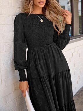 Black XXL (20) Smocked Midi Length Dress - Flowy, Pockets, Lined Skirt